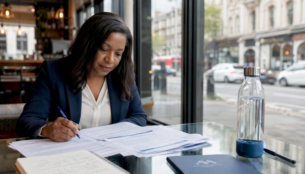 Woman reviewing water insurance compliance documents