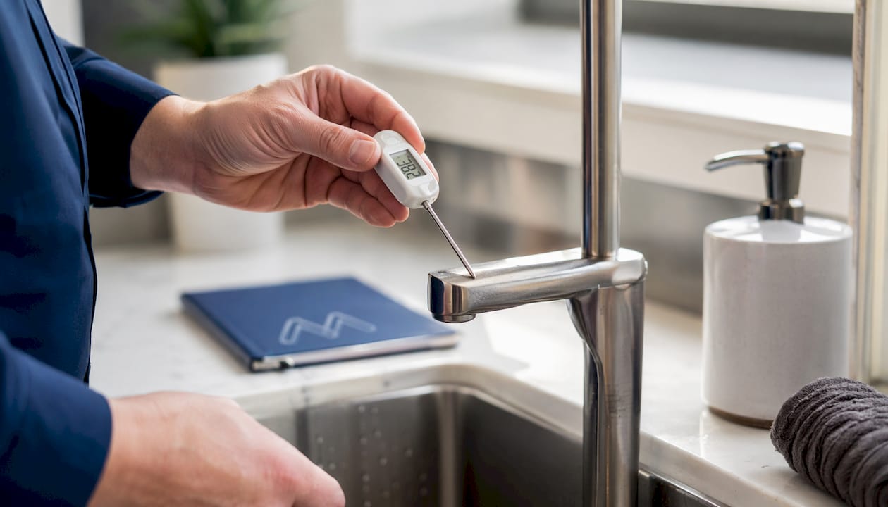 Hands measuring water temperature for safety