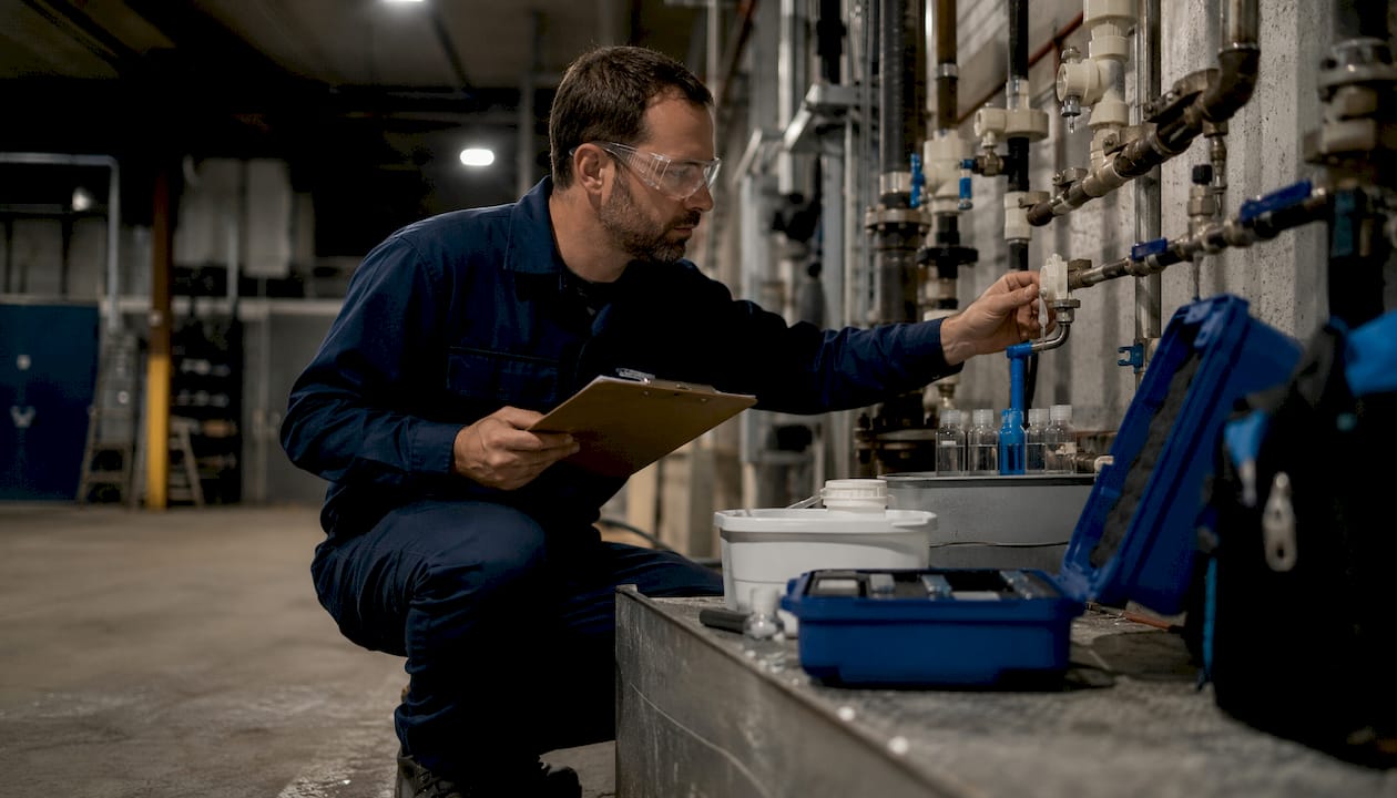 Technician inspecting water system for Legionella compliance