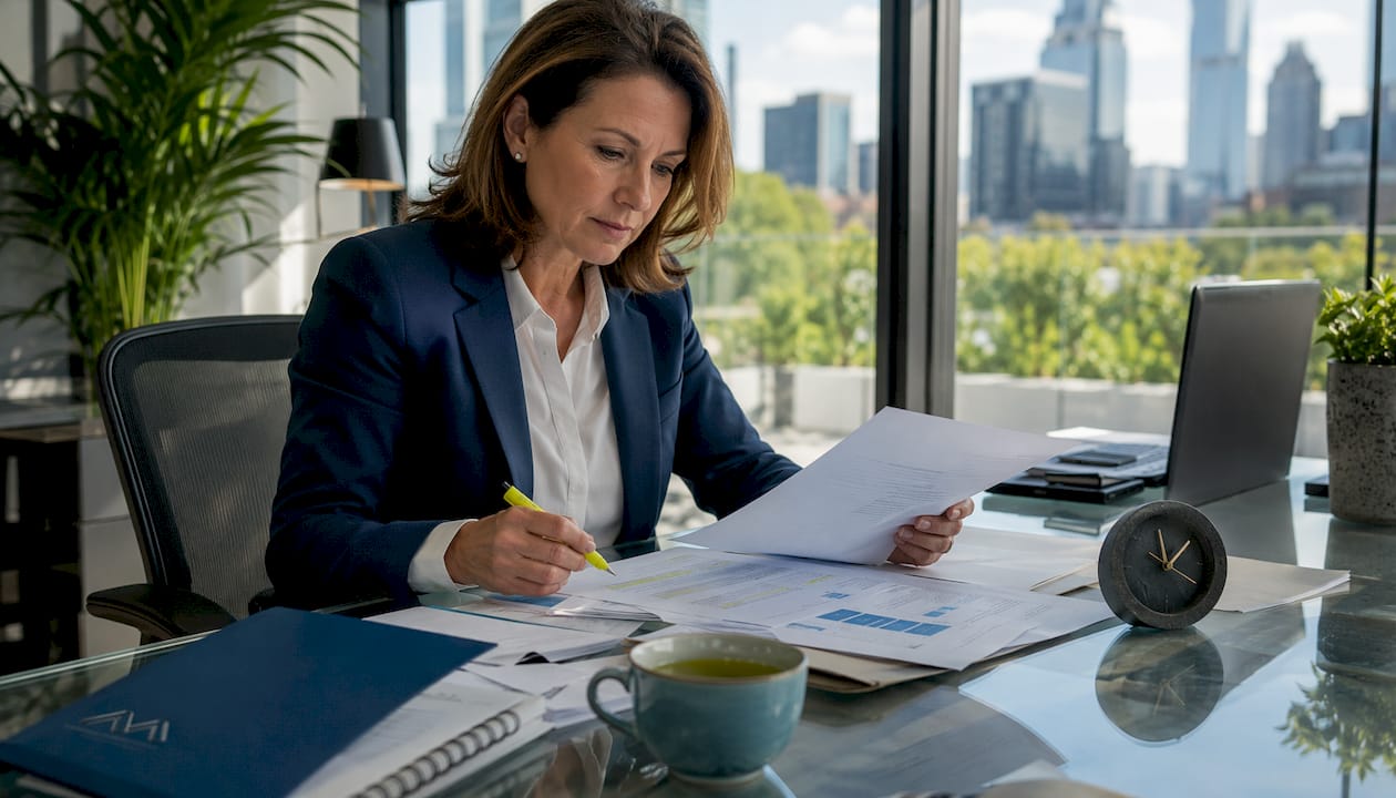 Woman reviewing UK compliance paperwork at office desk