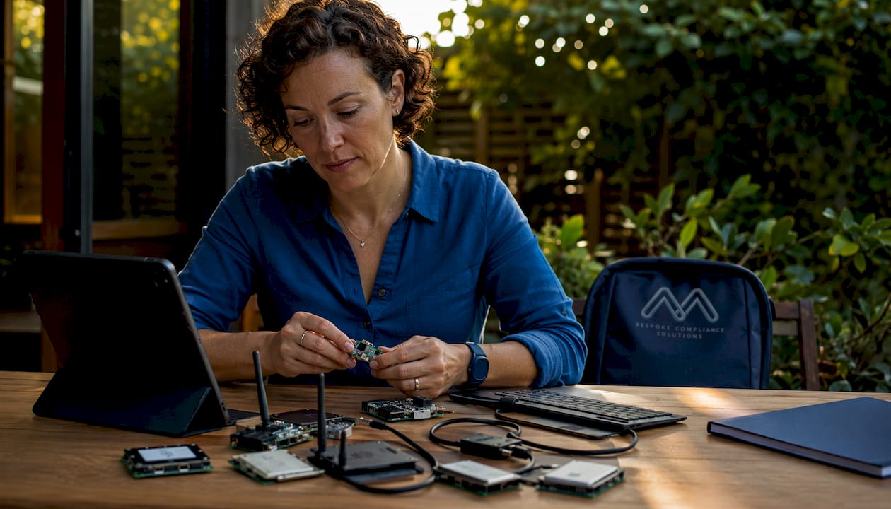 Woman inspecting IoT devices at desk in co-working space