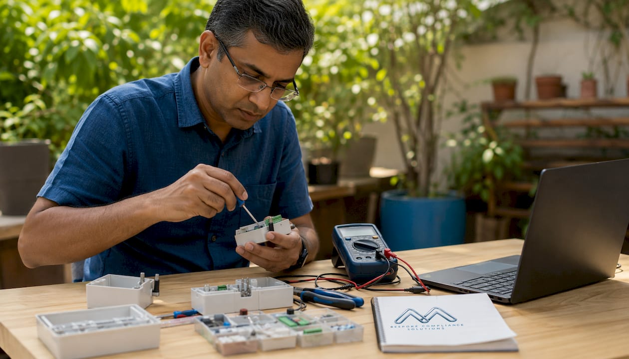 Man assembling IoT sensor device in home workshop