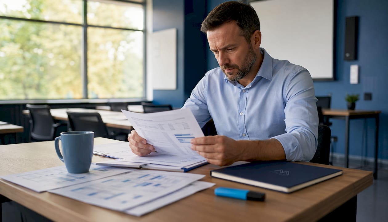Facilities manager reviewing water compliance documents