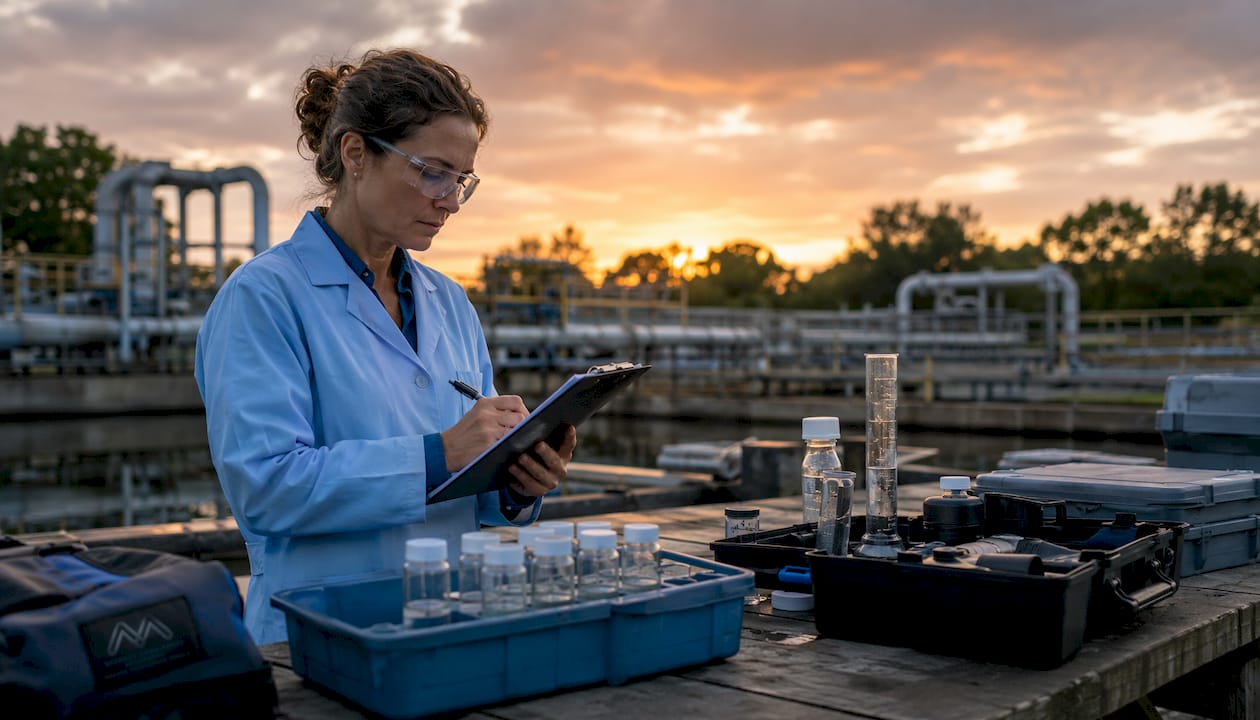 Compliance officer inspecting water testing lab