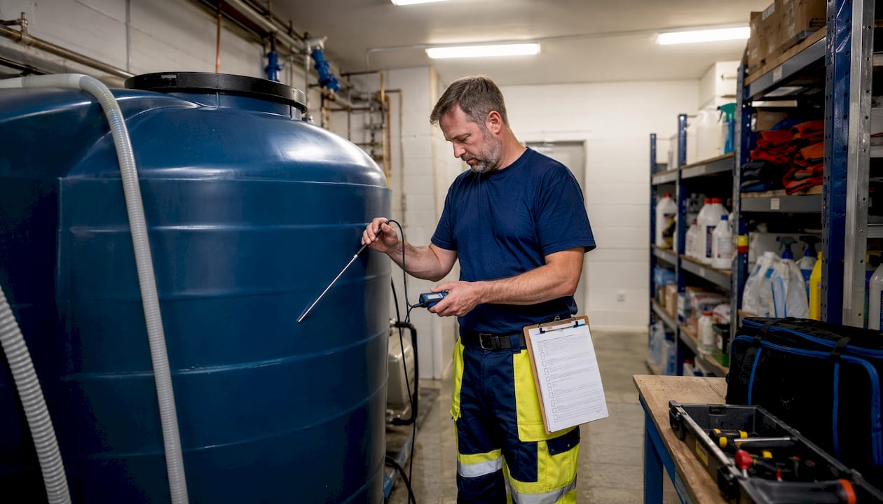 Facilities manager measuring water temperature in plant room