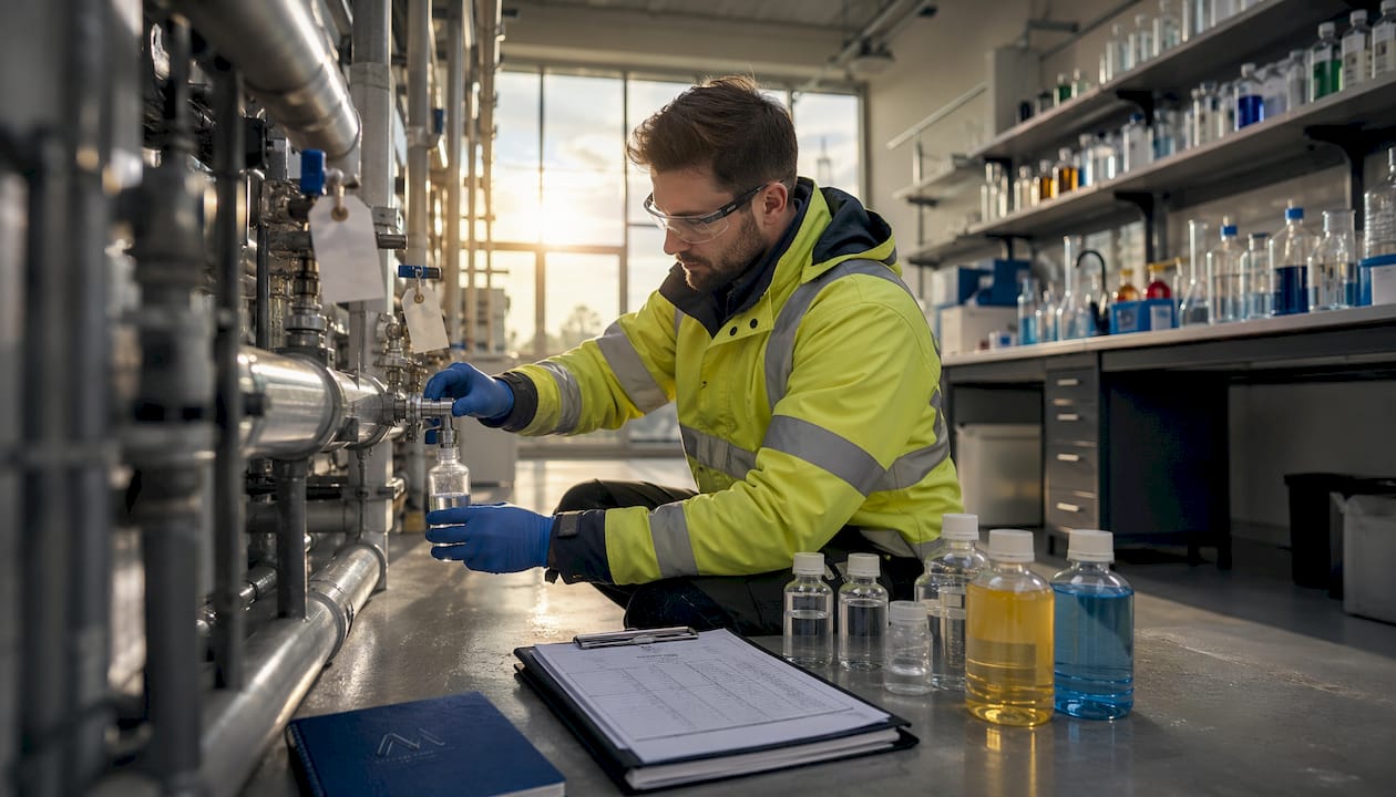 Technician collecting water samples in maintenance room
