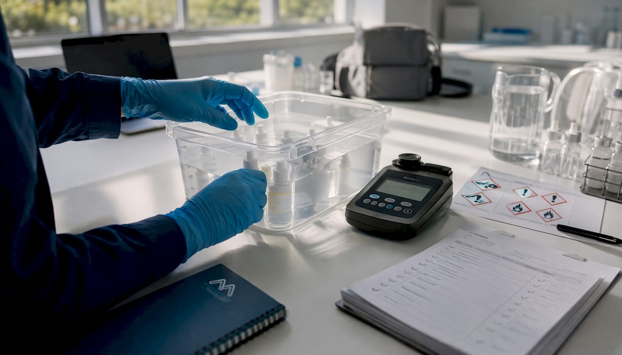 Hands with gloves examining chemical container and labels