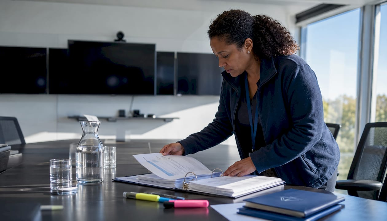 Water safety officer reviewing compliance documents