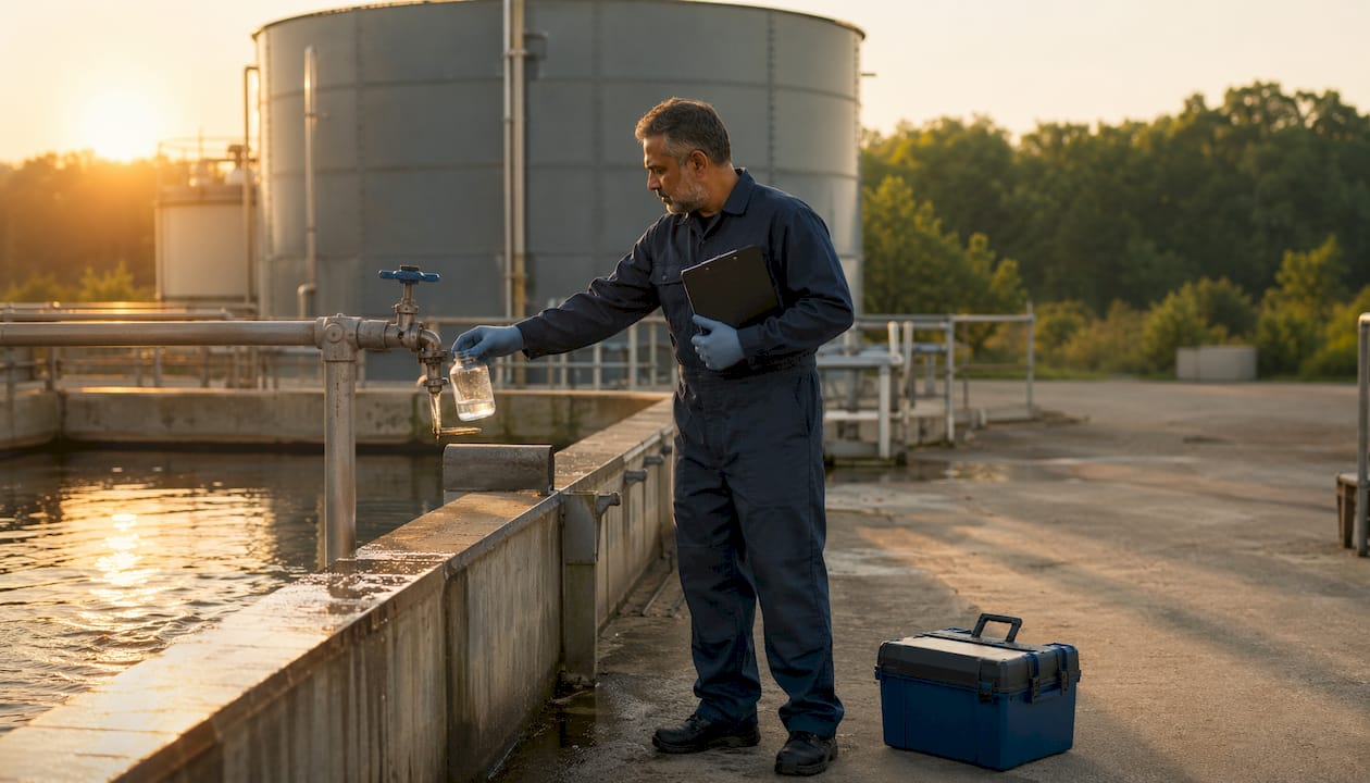 Technician collecting water sample in plant room