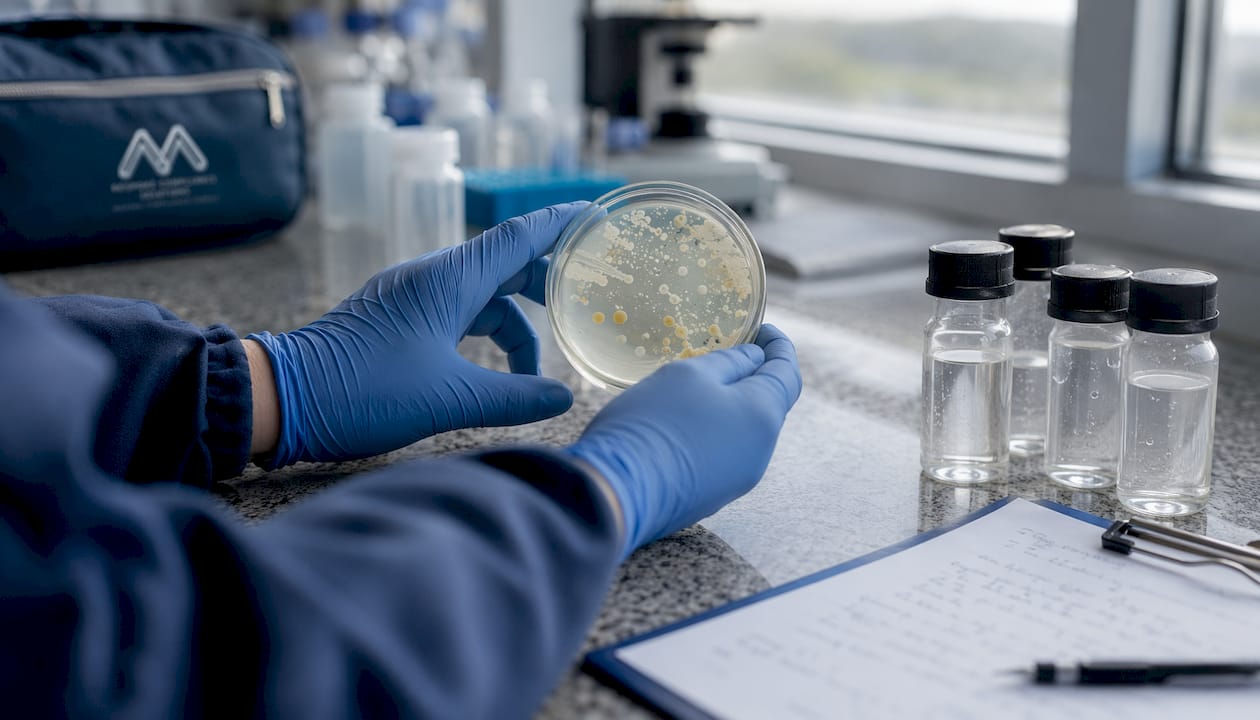 Lab technician analyzing water sample culture