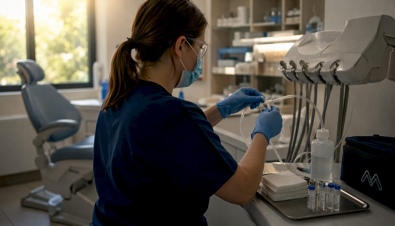 Hands collecting water sample from dental unit