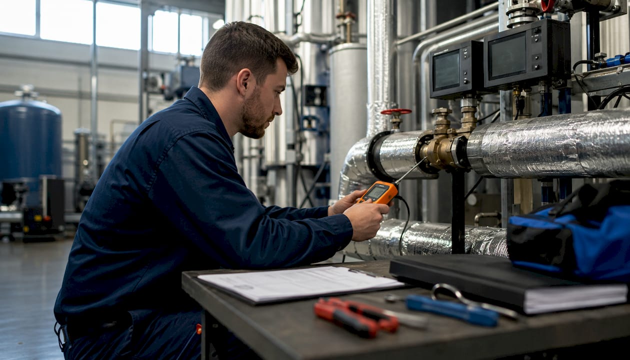 Engineer measuring water temperature in hospital