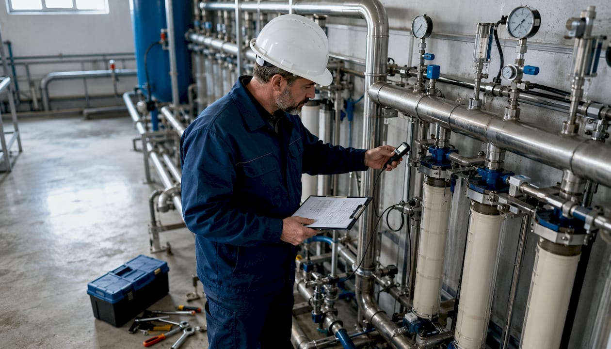 Engineer inspecting water system pipes in mechanical room