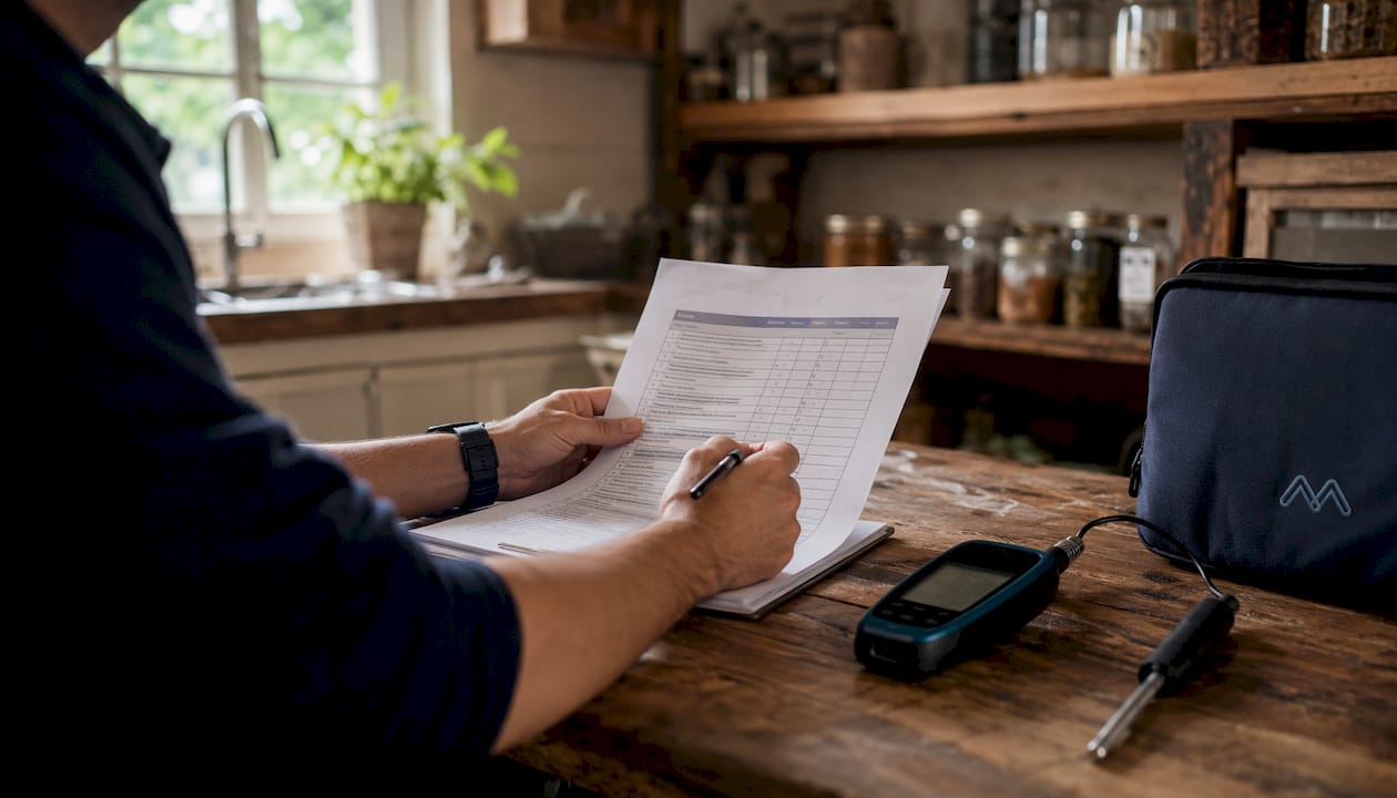 Hands holding water hygiene checklist and thermometer