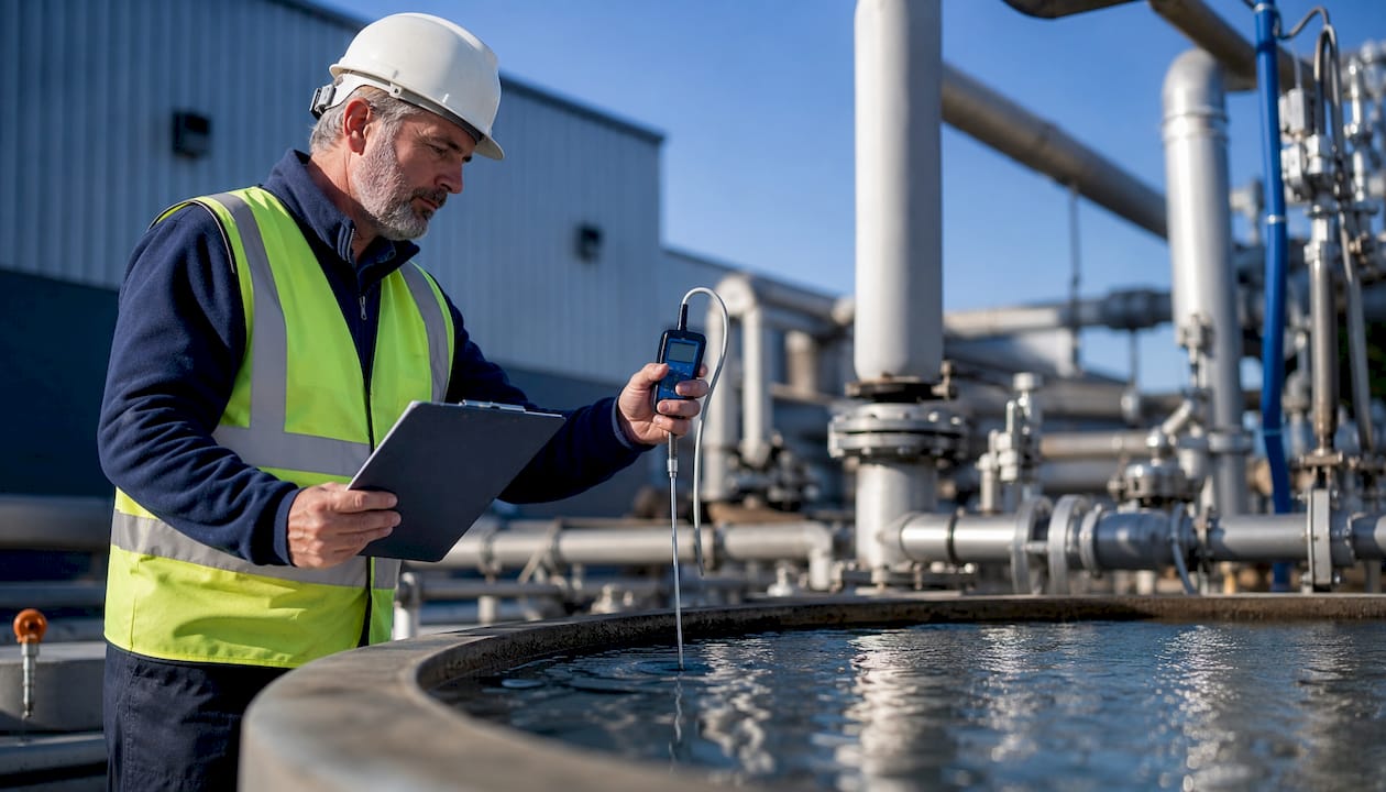 Inspector checking commercial water tank system