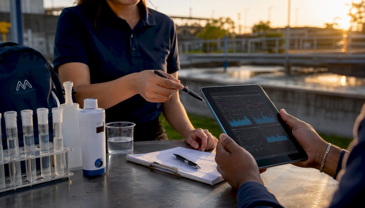 Hands holding tablet with water monitoring data charts