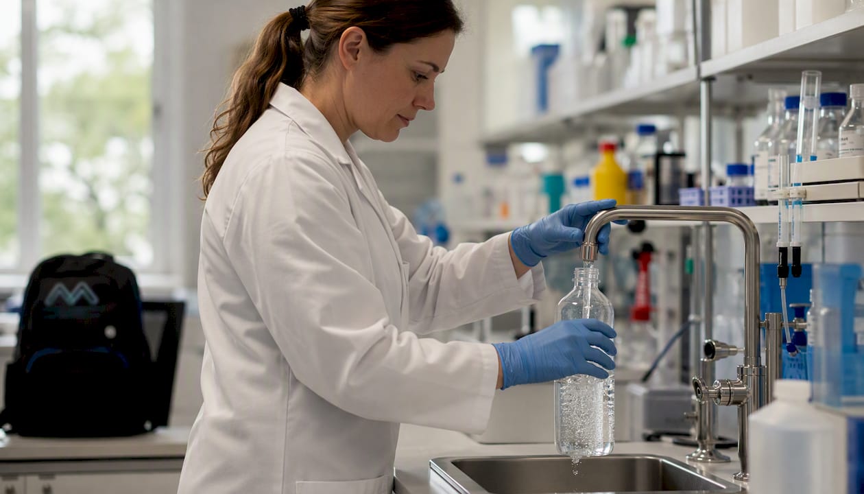 Hands in nitrile gloves handling water sample bottle