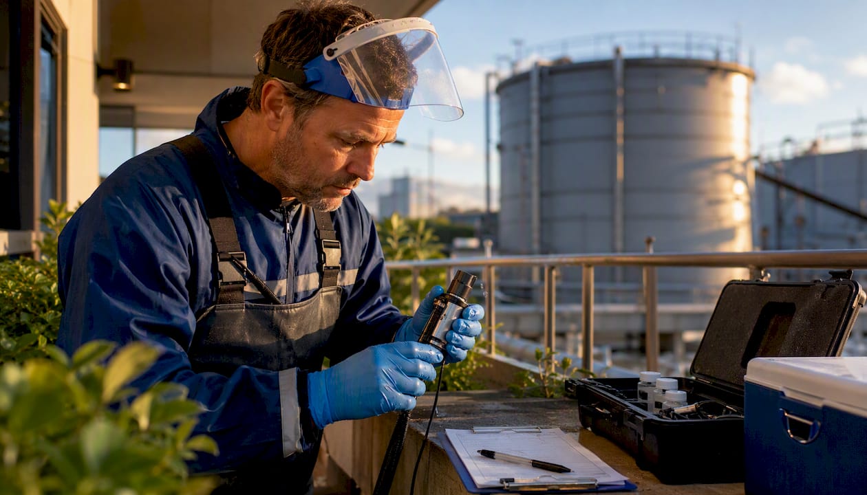 Technician inspecting water hygiene PPE at industrial site