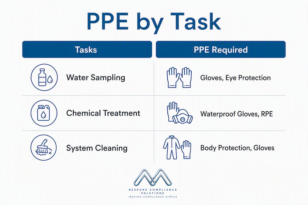 Infographic showing PPE required for common water hygiene tasks