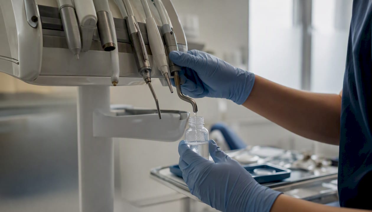 Hands collecting water sample from dental outlet