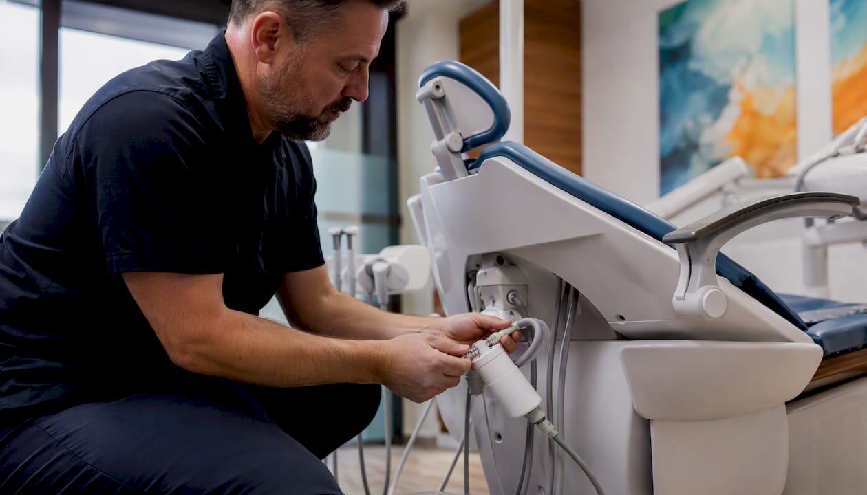 Hands installing an inline water filter on dental tubing