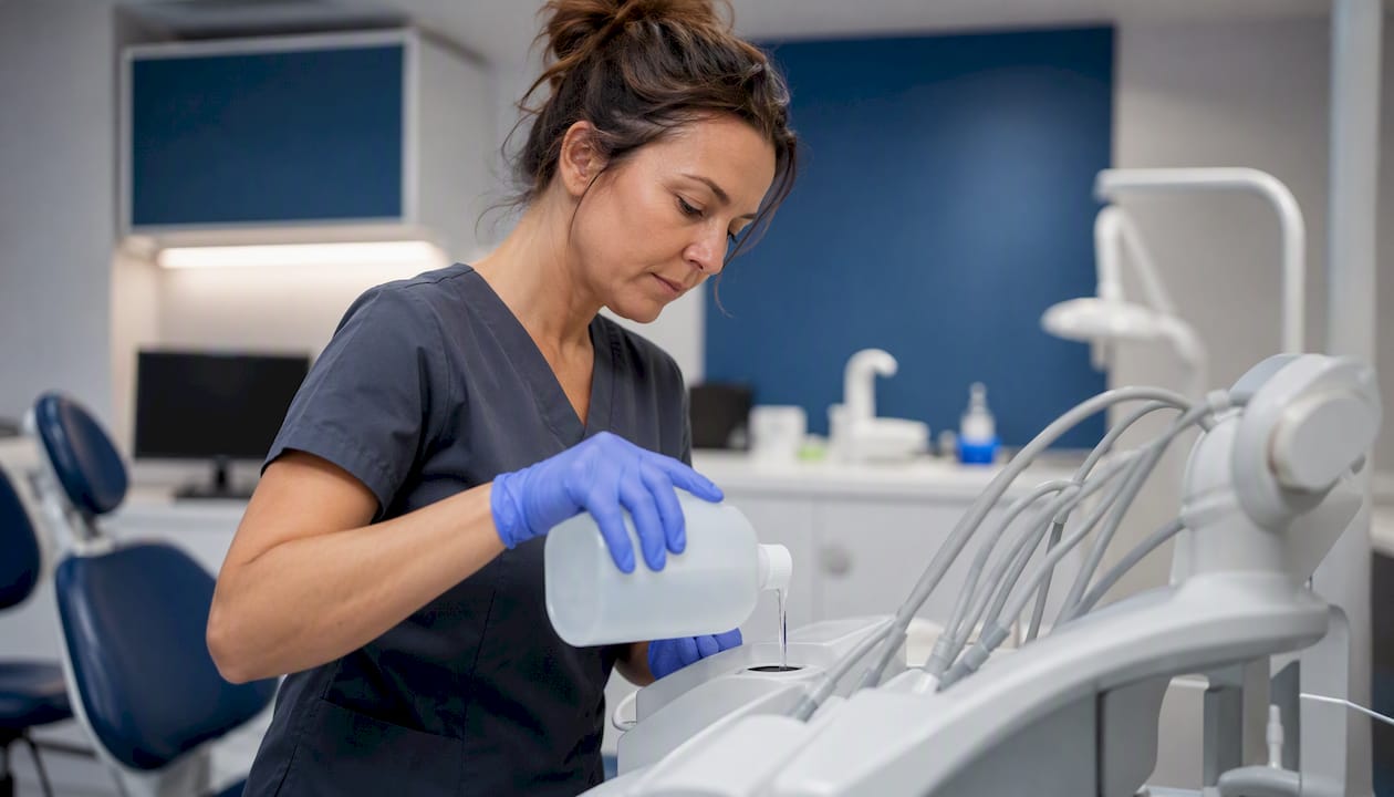 Hands performing dental waterline disinfection