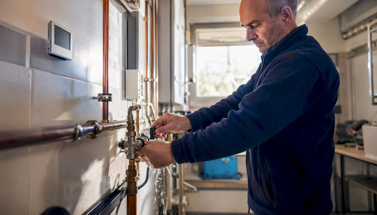 Caretaker flushing water outlet in school utility room