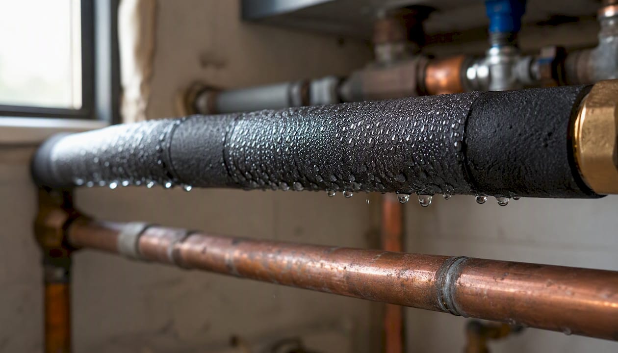 Close-up of school water pipes with condensation