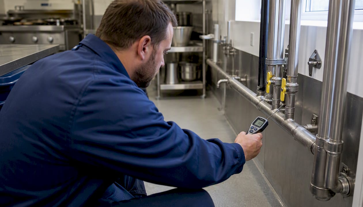 Technician measuring pipe temperature with probe