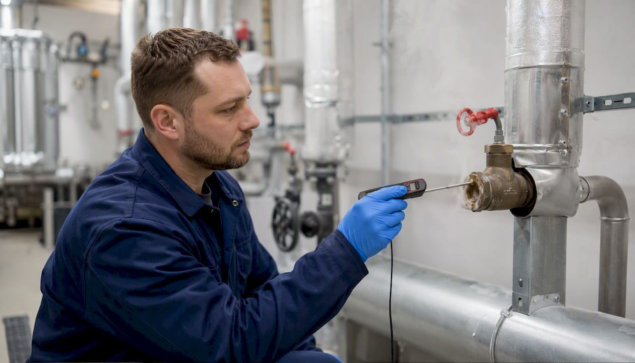 Technician measuring hot water temperature in boiler room