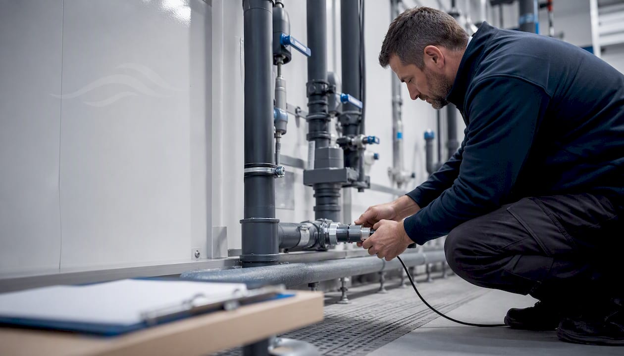 Technician attaching probe to water outlet