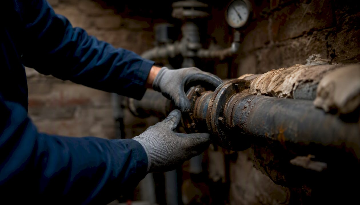 Technician inspecting water pipe connection