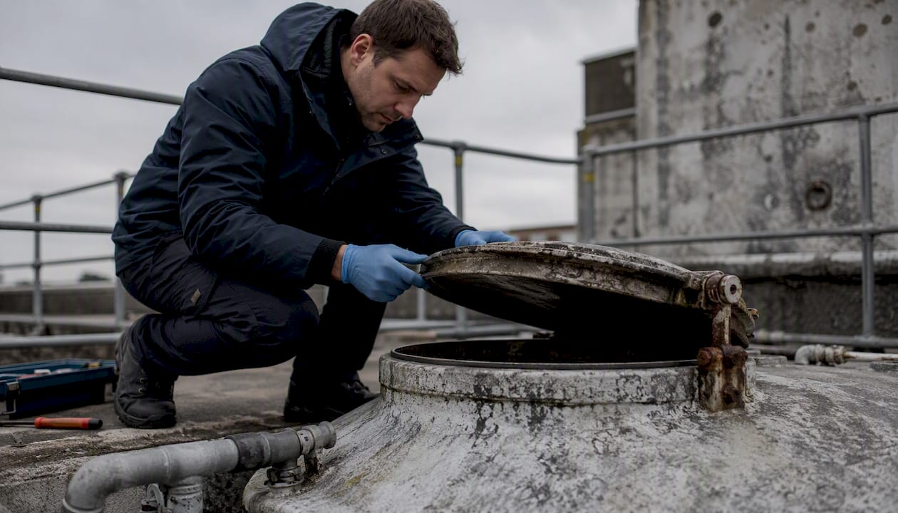 Inspector opening water tank hatch lid