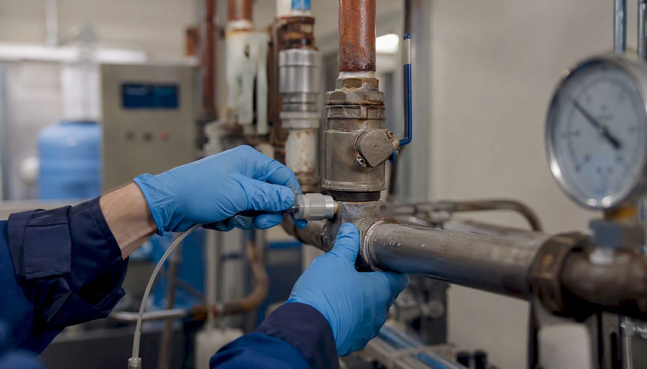 Technician attaching disinfectant probe on water pipe