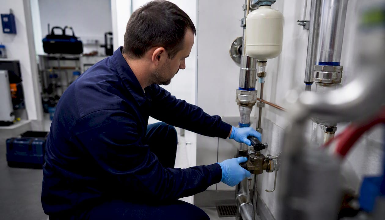 Technician flushing dead leg pipe valve