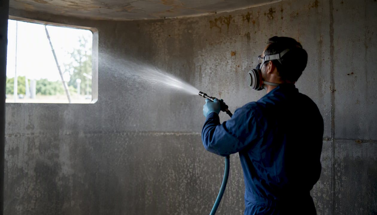 Technician disinfecting inside water tank