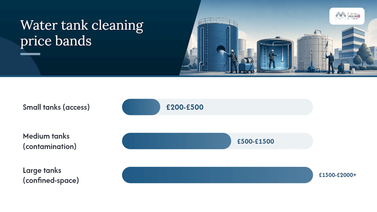 Diagram showing cost ranges and drivers for water tank cleaning