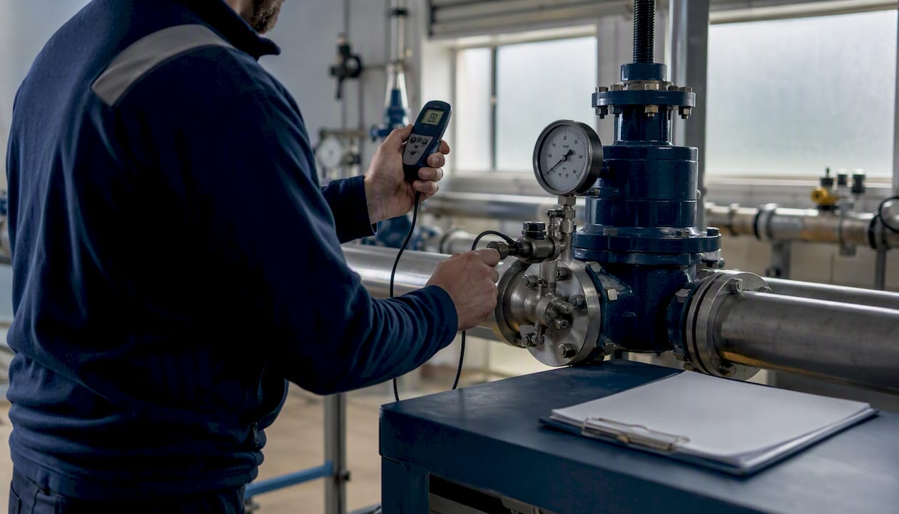 Technician checking water system valve temperature