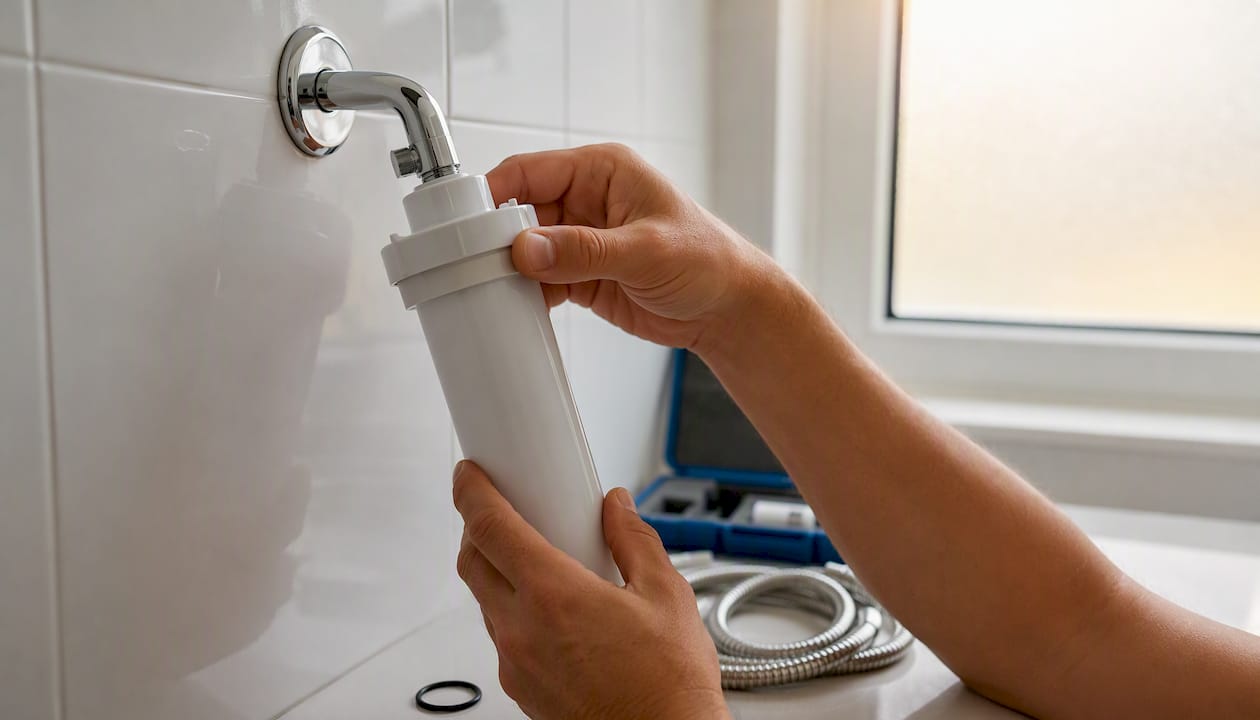 Technician installing legionella point-of-use water filter