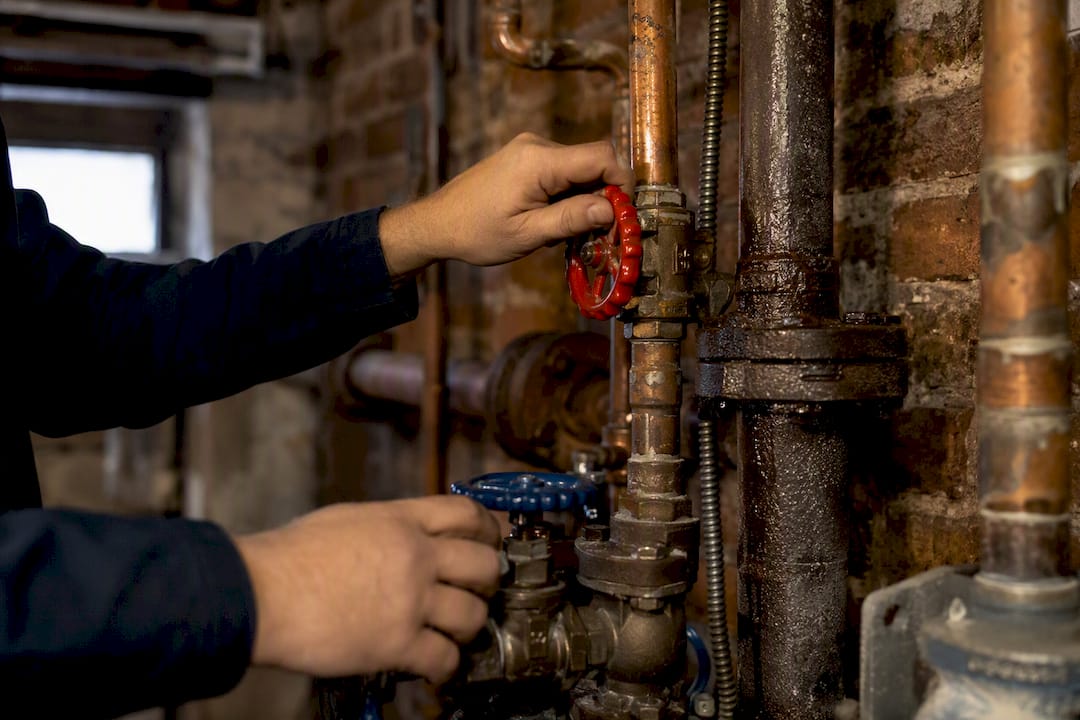 Hands inspecting hot and cold water pipes