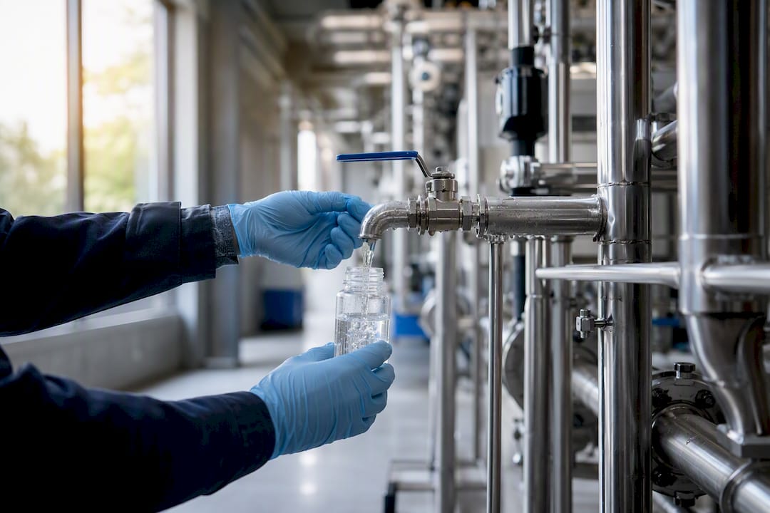 Hands taking water sample in plant room