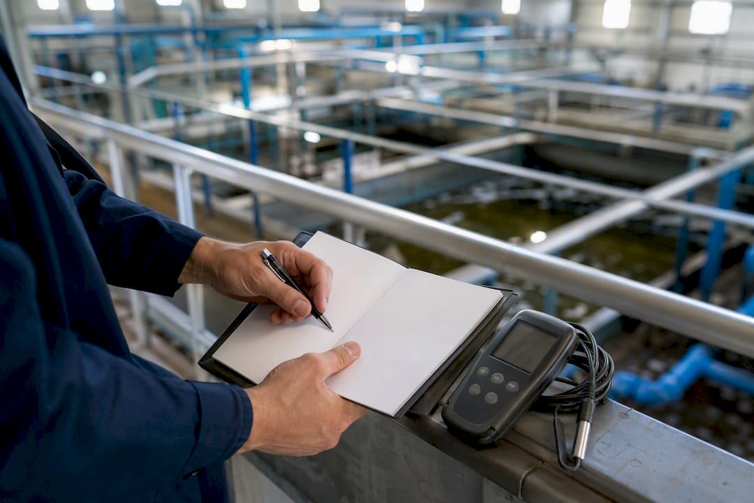 Hands recording monitoring data in logbook