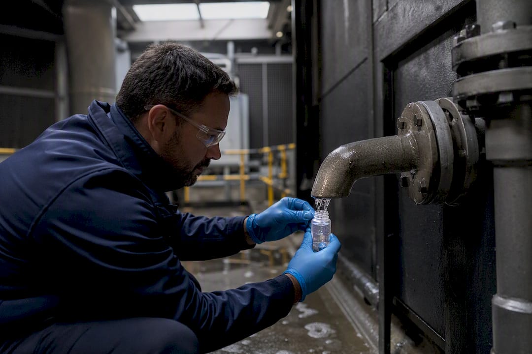 Hands collecting cooling tower water sample