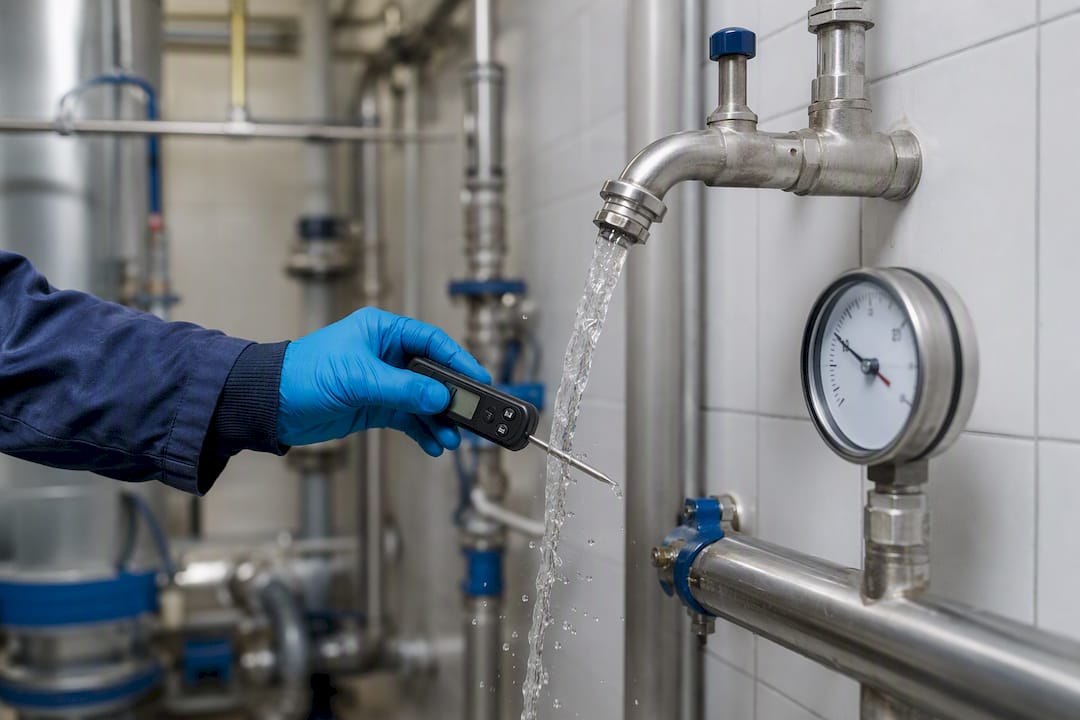 Gloved hand measuring sentinel tap temperature