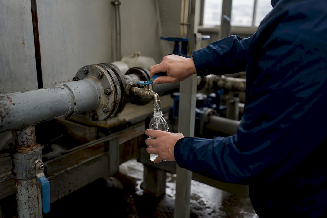 Hands sampling water from cooling tower valve