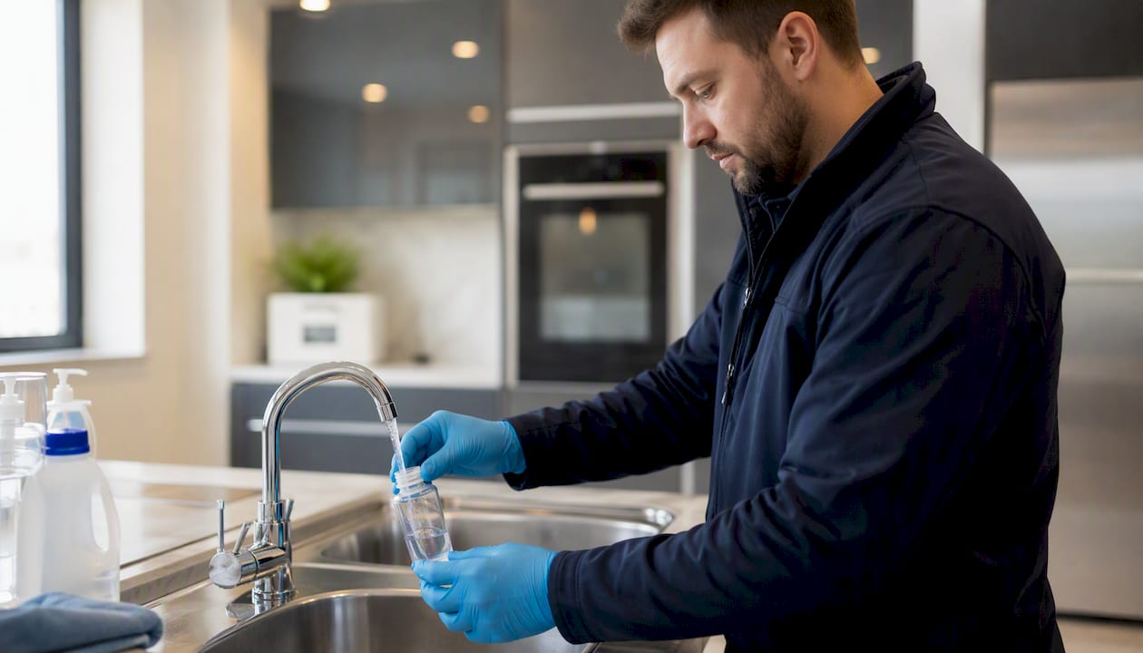 Hands collecting water sample for legionella test
