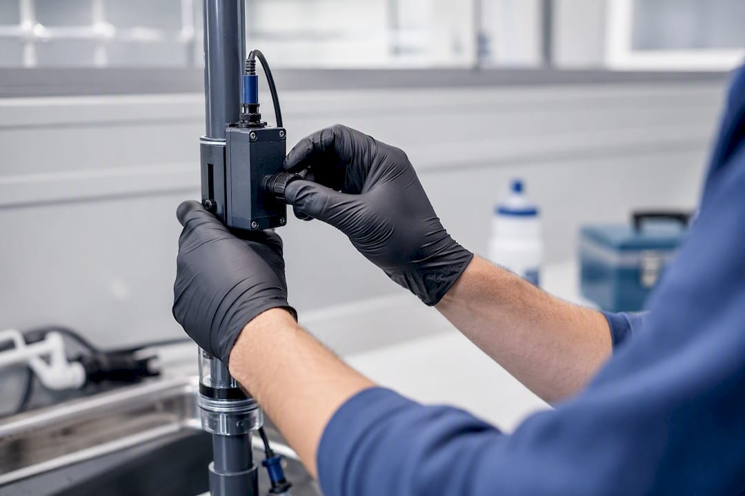 Hands calibrating water quality sensor