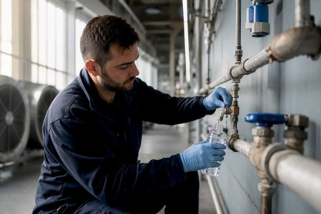 Hands collecting legionella water sample in plant room