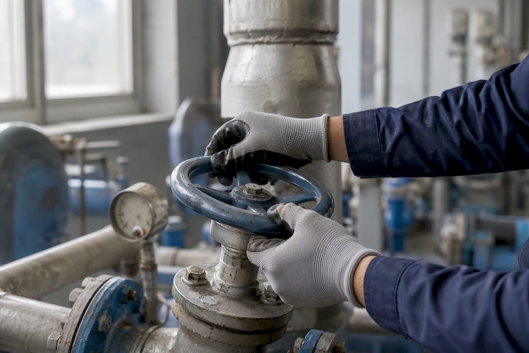 Hands turning water system valve