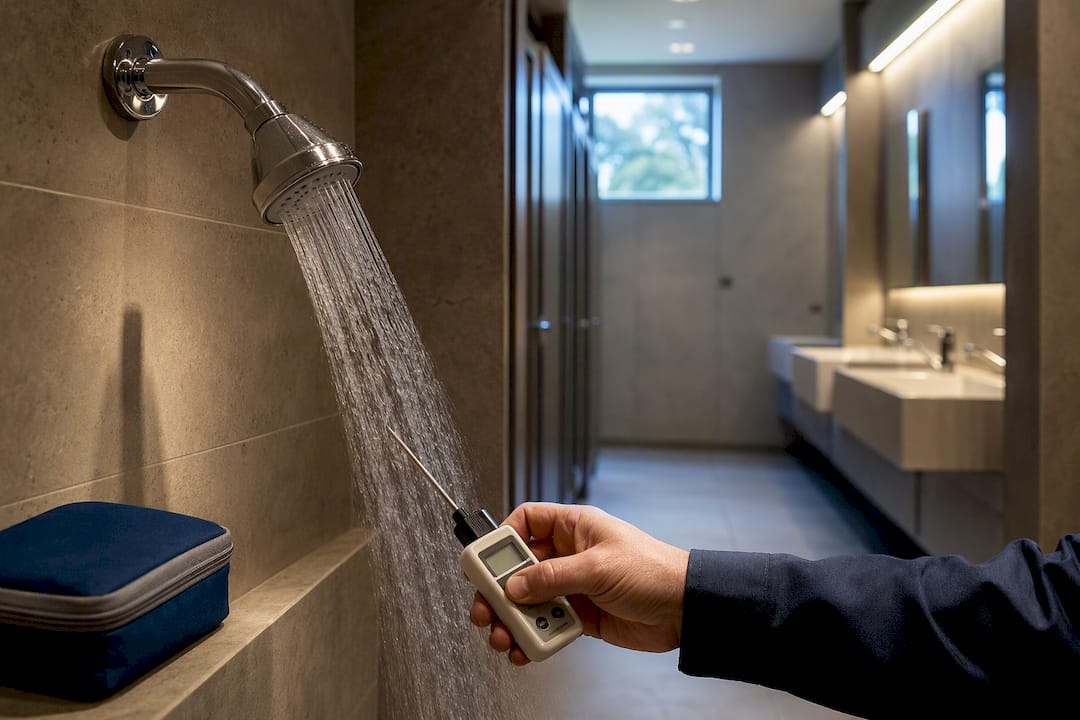 Specialist checking shower outlet temperature